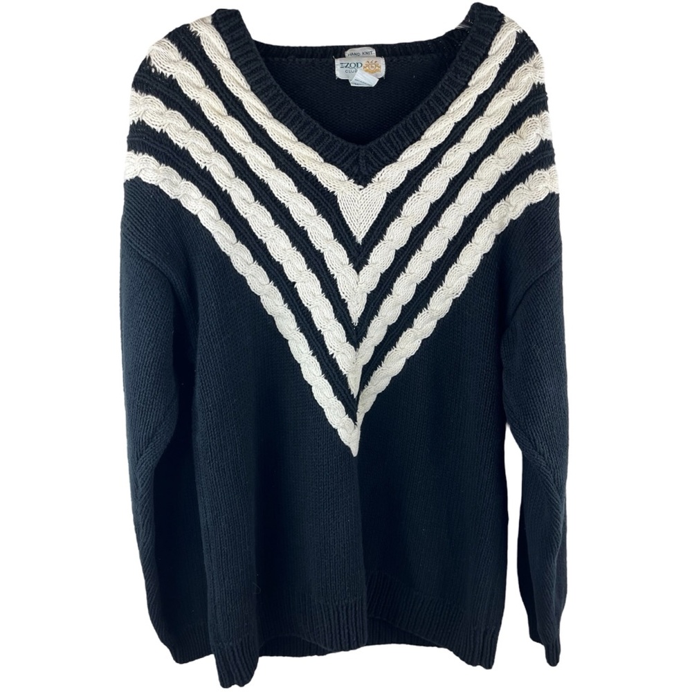 Vintage The Izod Club Women’s Black / White Cotton Sweater Size Large Hand Knit